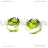 Perla in Lampwork Verde ghirigori argento foro largo 15x10mm
