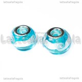 Perla in Lampwork Azzurro ghirigori argento foro largo 15x10mm