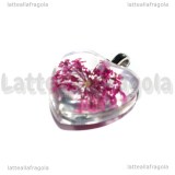 Ciondolo Cuore in vetro con Fiori Rosa Scuro 28x20mm