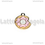 Ciondolo Donut in metallo dorato smaltato rosa 19x15mm