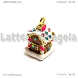 Ciondolo 3D Casetta di Marzapane in metallo smaltato e strass 25x15x18mm