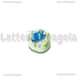 Perla in ceramica bianca con fiore azzurro 12mm