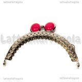 Chiusura Clip Clap in metallo argentato 8.5cm con pomelli in acrilico rosa