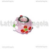 Perla in Lampwork Fiori sfondo rosa 14x10mm